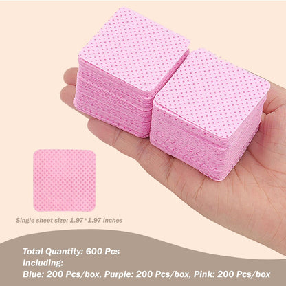 KINGMAS 600Pcs Lint Free Nail Wipes - Non-Woven Fabric Nail Polish Remover Cleaning Pads for Lash Extensions & Salon Use (Pink, Blue, Purple)