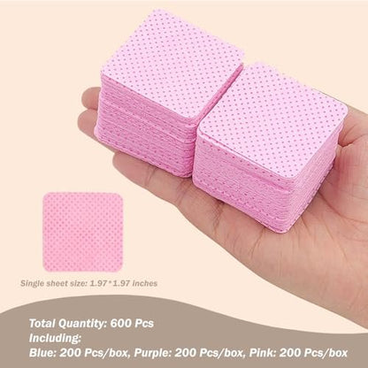 KINGMAS 600Pcs Lint Free Nail Wipes - Non-Woven Fabric Nail Polish Remover Cleaning Pads for Lash Extensions & Salon Use (Pink, Blue, Purple)
