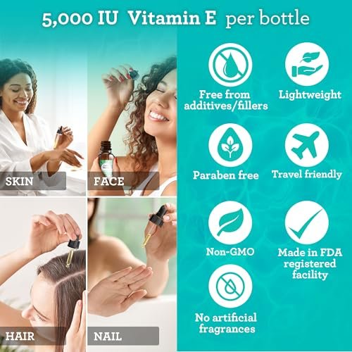 GuruNanda Pure & Natural Vitamin E Oil for Skin, Face, and Nails - 5,000 IU with D-Alpha Tocopherol & MCT Oil, Non-GMO & Vegan, 2 Fl Oz - görsel 10