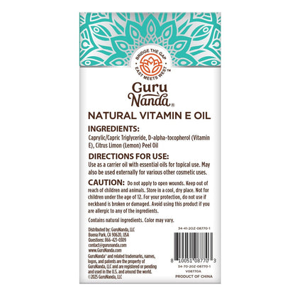 GuruNanda Pure & Natural Vitamin E Oil for Skin, Face, and Nails - 5,000 IU with D-Alpha Tocopherol & MCT Oil, Non-GMO & Vegan, 2 Fl Oz