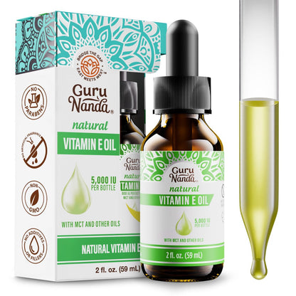 GuruNanda Pure & Natural Vitamin E Oil for Skin, Face, and Nails - 5,000 IU with D-Alpha Tocopherol & MCT Oil, Non-GMO & Vegan, 2 Fl Oz