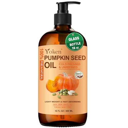 Yoken Pumpkin Seed Oil for Hair & Scalp Care – 100% Pure, Cold-Pressed, Unrefined, Hexane-Free, Nourishes Hair & Skin, Glass Bottle with Pump, 16 fl oz Avelisse