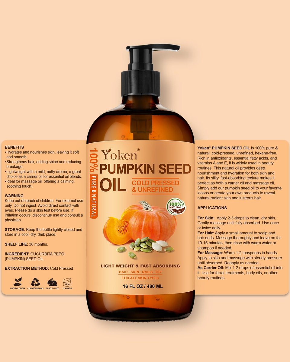 Yoken Pumpkin Seed Oil for Hair & Scalp Care – 100% Pure, Cold-Pressed, Unrefined, Hexane-Free, Nourishes Hair & Skin, Glass Bottle with Pump, 16 fl oz Avelisse