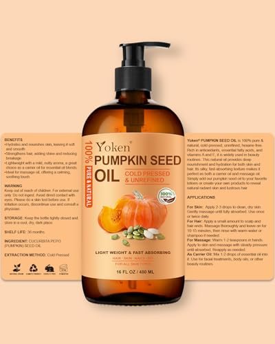 Yoken Pumpkin Seed Oil for Hair & Scalp Care – 100% Pure, Cold-Pressed, Unrefined, Hexane-Free, Nourishes Hair & Skin, Glass Bottle with Pump, 16 fl oz Avelisse