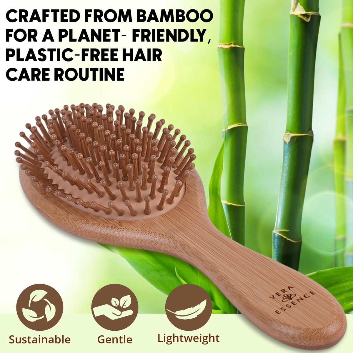 Vera Essence Bamboo Brush for Hair Growth – Natural Bristle Wooden Paddle Brush for Detangling, Reducing Breakage & Scalp Massage – Ergonomic Handle for Women & Men Avelisse