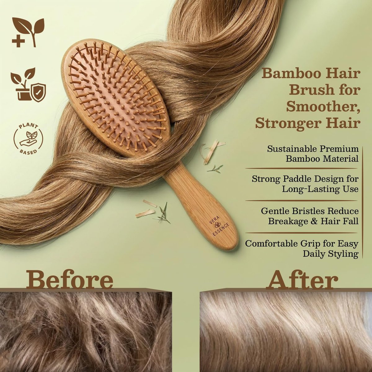Vera Essence Bamboo Brush for Hair Growth – Natural Bristle Wooden Paddle Brush for Detangling, Reducing Breakage & Scalp Massage – Ergonomic Handle for Women & Men Avelisse