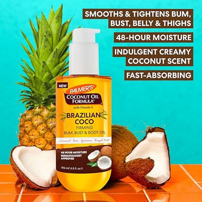 Palmer's Coconut Oil Formula Brazilian Coco Firming Body Oil with Vitamin E, 6.5 Fl Oz - Skin Tightening & Firming for Bum, Bust & Belly, 48Hr Moisture Avelisse