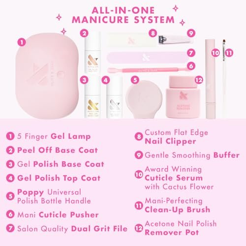 Olive & June Gel Mani System Set – Complete At-Home Gel Nail Kit with LED Lamp, Peel-Off Base Coat, Top Coat, Cuticle Serum & The Poppy (15-Free, Vegan, Cruelty-Free) Avelisse