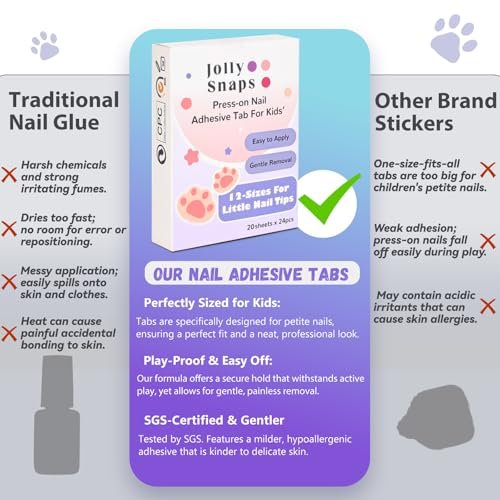 Jolly Snaps XS Non-Toxic Nail Adhesive Tabs for Kids | 480 PCS Extra Strong Sticky Tabs for Press On Nails | Ultra Thin & Easy to Use | 20 Sheets Nail Glue Tabs - görsel 8