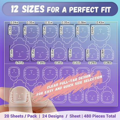 Jolly Snaps XS Non-Toxic Nail Adhesive Tabs for Kids | 480 PCS Extra Strong Sticky Tabs for Press On Nails | Ultra Thin & Easy to Use | 20 Sheets Nail Glue Tabs