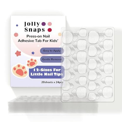 Jolly Snaps XS Non-Toxic Nail Adhesive Tabs for Kids | 480 PCS Extra Strong Sticky Tabs for Press On Nails | Ultra Thin & Easy to Use | 20 Sheets Nail Glue Tabs