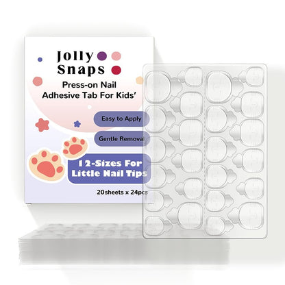 Jolly Snaps XS Non-Toxic Nail Adhesive Tabs for Kids | 480 PCS Extra Strong Sticky Tabs for Press On Nails | Ultra Thin & Easy to Use | 20 Sheets Nail Glue Tabs