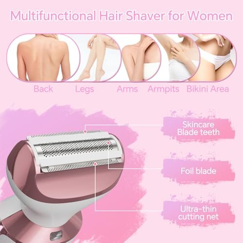4-in-1 Electric Razor for Women - Painless Bikini Trimmer & Body Shaver for Face, Legs, Underarms, Pubic Hair, Rechargeable Wet/Dry with LED Light & Travel Lock - Pink Avelisse
