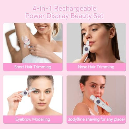 4-in-1 Electric Razor for Women - Painless Bikini Trimmer & Body Shaver for Face, Legs, Underarms, Pubic Hair, Rechargeable Wet/Dry with LED Light & Travel Lock - Pink Avelisse