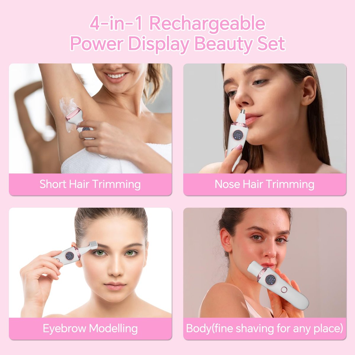 4-in-1 Electric Razor for Women - Painless Bikini Trimmer & Body Shaver for Face, Legs, Underarms, Pubic Hair, Rechargeable Wet/Dry with LED Light & Travel Lock - Pink Avelisse