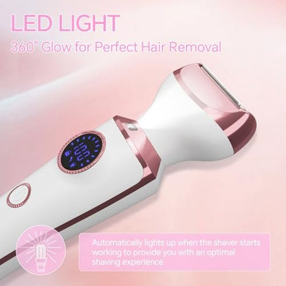 4-in-1 Electric Razor for Women - Painless Bikini Trimmer & Body Shaver for Face, Legs, Underarms, Pubic Hair, Rechargeable Wet/Dry with LED Light & Travel Lock - Pink Avelisse
