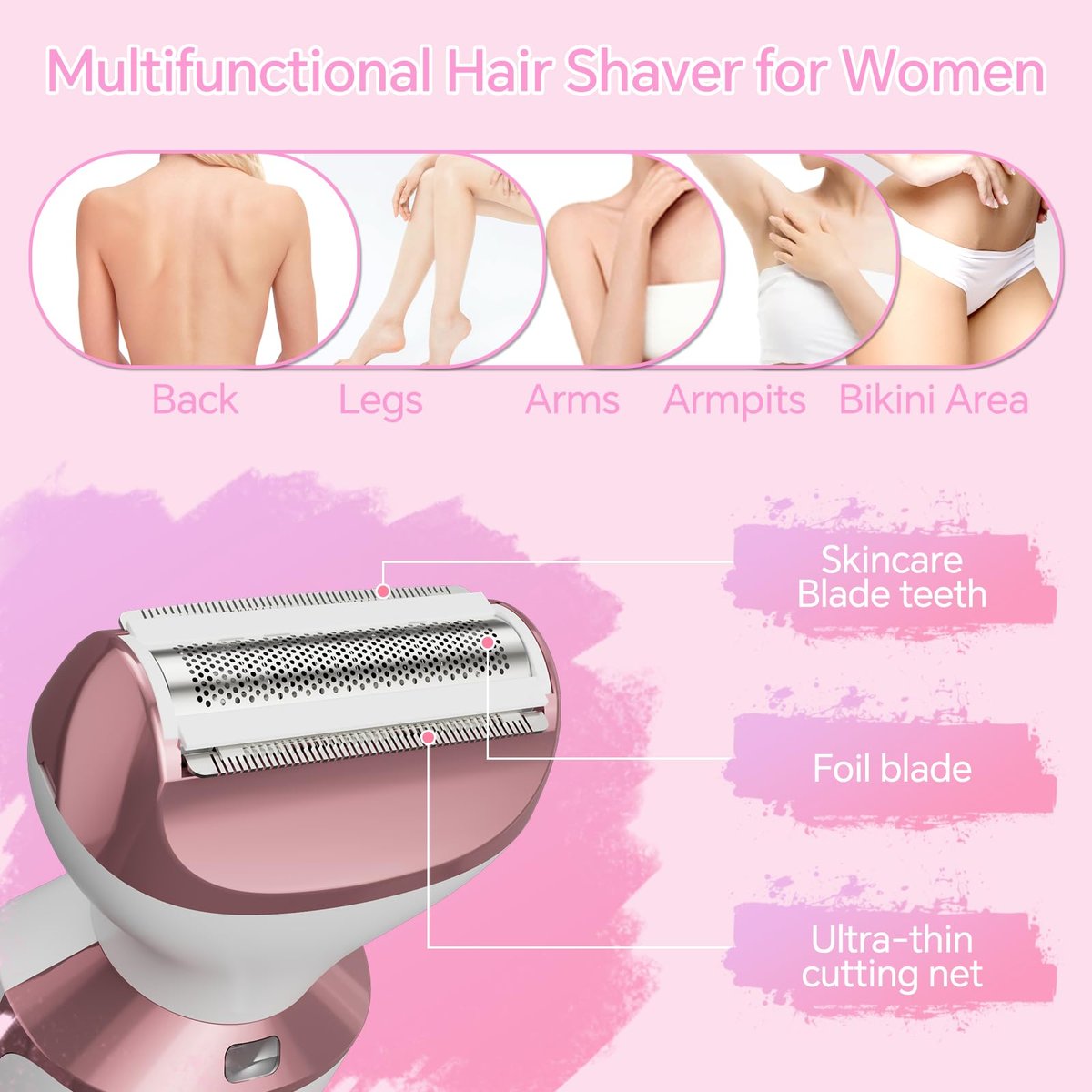 4-in-1 Electric Razor for Women - Painless Bikini Trimmer & Body Shaver for Face, Legs, Underarms, Pubic Hair, Rechargeable Wet/Dry with LED Light & Travel Lock - Pink Avelisse