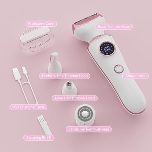 4-in-1 Electric Razor for Women - Painless Bikini Trimmer & Body Shaver for Face, Legs, Underarms, Pubic Hair, Rechargeable Wet/Dry with LED Light & Travel Lock - Pink Avelisse