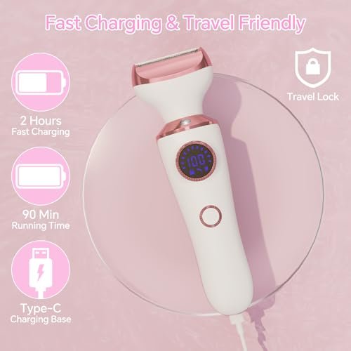 4-in-1 Electric Razor for Women - Painless Bikini Trimmer & Body Shaver for Face, Legs, Underarms, Pubic Hair, Rechargeable Wet/Dry with LED Light & Travel Lock - Pink Avelisse