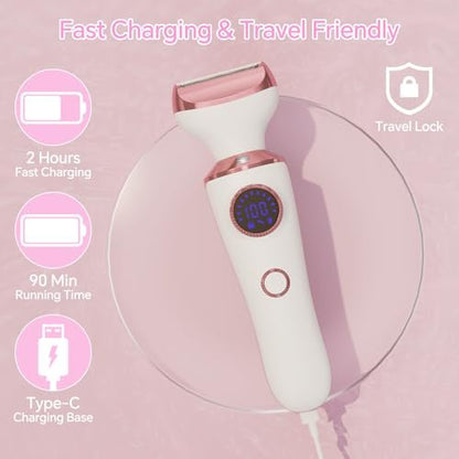 4-in-1 Electric Razor for Women - Painless Bikini Trimmer & Body Shaver for Face, Legs, Underarms, Pubic Hair, Rechargeable Wet/Dry with LED Light & Travel Lock - Pink Avelisse