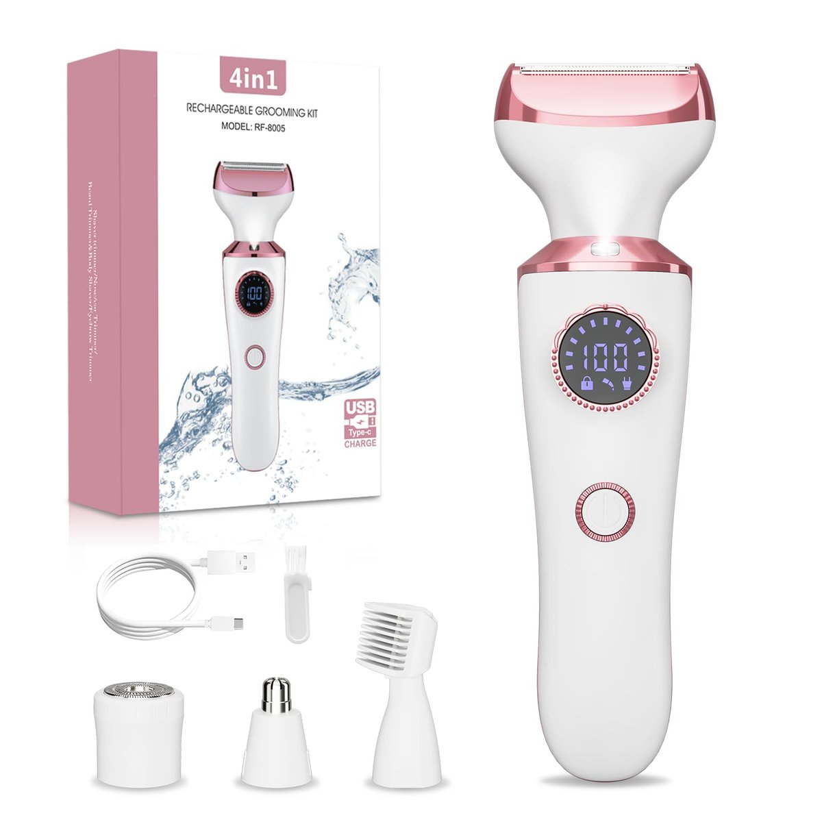 4-in-1 Electric Razor for Women - Painless Bikini Trimmer & Body Shaver for Face, Legs, Underarms, Pubic Hair, Rechargeable Wet/Dry with LED Light & Travel Lock - Pink Avelisse