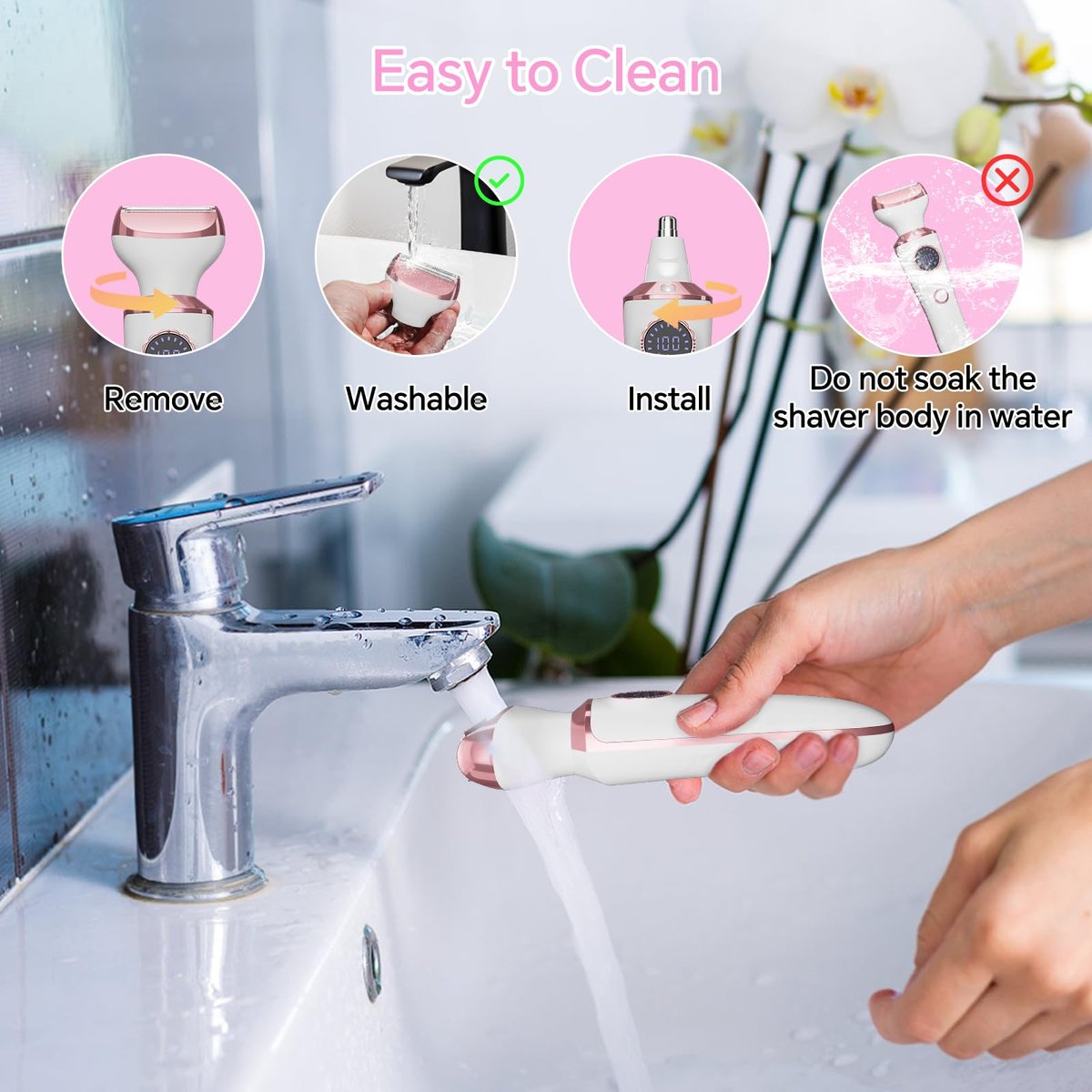 4-in-1 Electric Razor for Women - Painless Bikini Trimmer & Body Shaver for Face, Legs, Underarms, Pubic Hair, Rechargeable Wet/Dry with LED Light & Travel Lock - Pink Avelisse