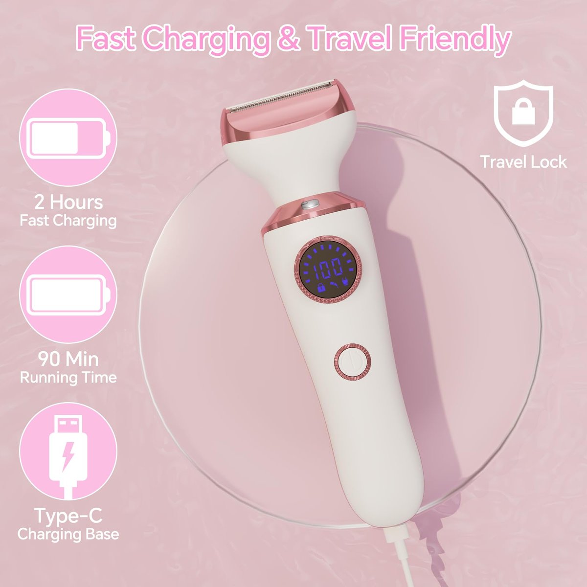 4-in-1 Electric Razor for Women - Painless Bikini Trimmer & Body Shaver for Face, Legs, Underarms, Pubic Hair, Rechargeable Wet/Dry with LED Light & Travel Lock - Pink Avelisse