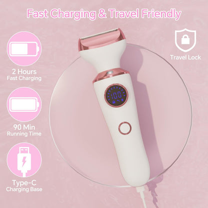 4-in-1 Electric Razor for Women - Painless Bikini Trimmer & Body Shaver for Face, Legs, Underarms, Pubic Hair, Rechargeable Wet/Dry with LED Light & Travel Lock - Pink Avelisse