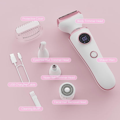 4-in-1 Electric Razor for Women - Painless Bikini Trimmer & Body Shaver for Face, Legs, Underarms, Pubic Hair, Rechargeable Wet/Dry with LED Light & Travel Lock - Pink Avelisse