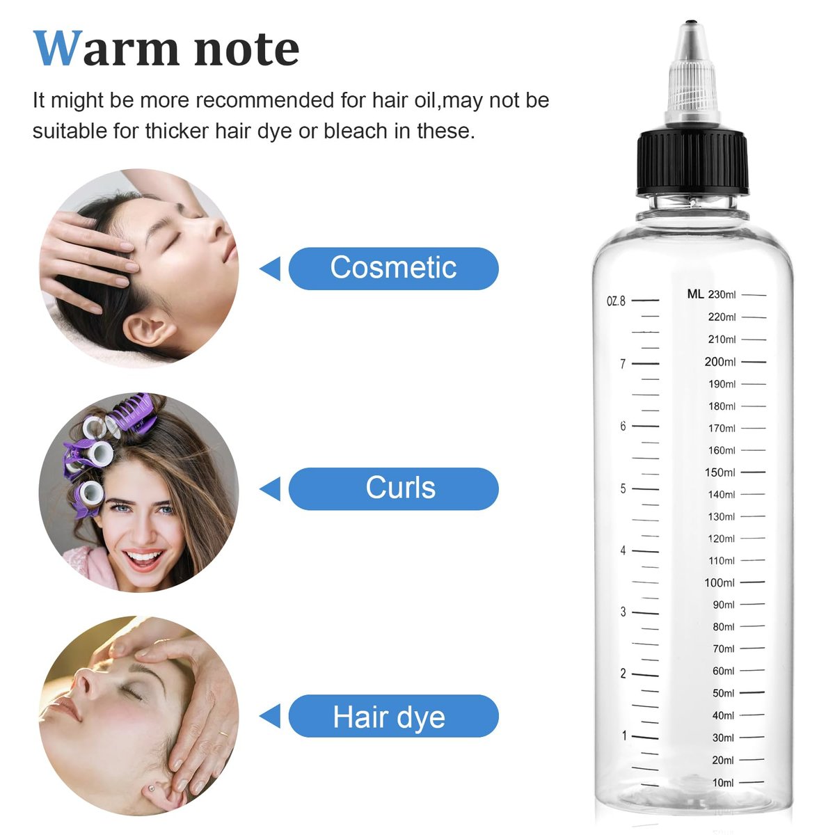 SynHHergyx 2 Pack Applicator Bottle for Hair 8.5oz Hair Oil Container Plastic Hairs Color Dispenser for Salon Stylist Twist-On Top Tip Cap with Clear Graduated Scale - görsel 9