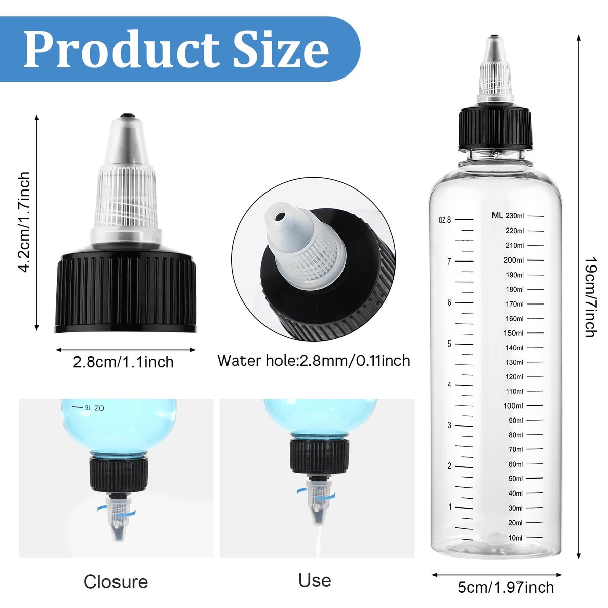 SynHHergyx 2 Pack Applicator Bottle for Hair 8.5oz Hair Oil Container Plastic Hairs Color Dispenser for Salon Stylist Twist-On Top Tip Cap with Clear Graduated Scale - görsel 3