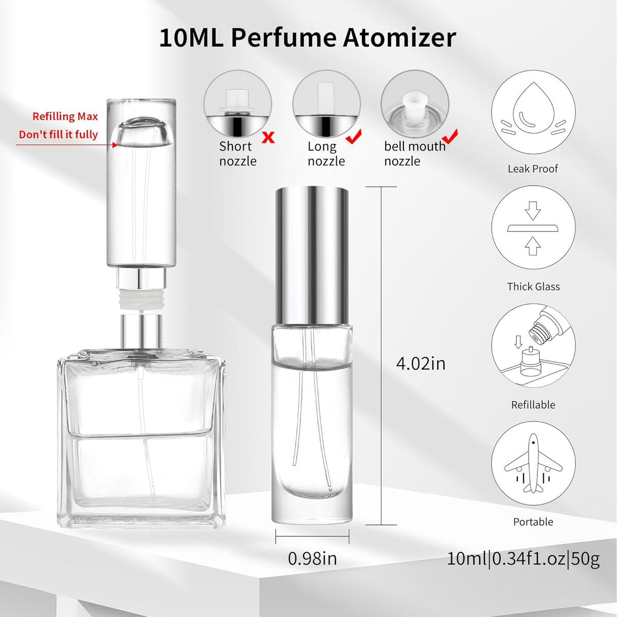 MUB 10ml Perfume Travel Refillable Atomizer Bottle - Leak-Proof Glass Spray Bottle for Cologne, Mini Empty Portable Pocket Atomizer (Aluminum, 0.3 oz) - görsel 3