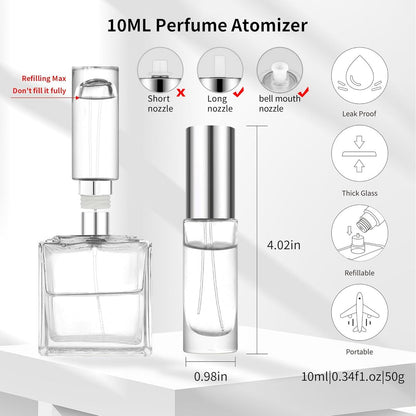 MUB 10ml Perfume Travel Refillable Atomizer Bottle - Leak-Proof Glass Spray Bottle for Cologne, Mini Empty Portable Pocket Atomizer (Aluminum, 0.3 oz)