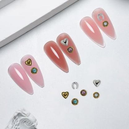 Ohmique 30 PCS Western Nail Charms - 3D Vintage Cowboy Cowgirl Nail Art Decorations, Turquoise, Gold, Silver, Pink, Blue Retro Metal Gem Western Stickers for DIY Nail Design Avelisse