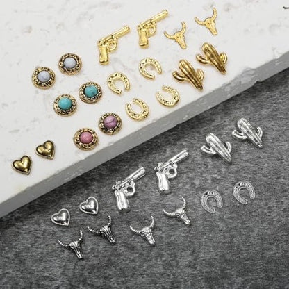 Ohmique 30 PCS Western Nail Charms - 3D Vintage Cowboy Cowgirl Nail Art Decorations, Turquoise, Gold, Silver, Pink, Blue Retro Metal Gem Western Stickers for DIY Nail Design Avelisse