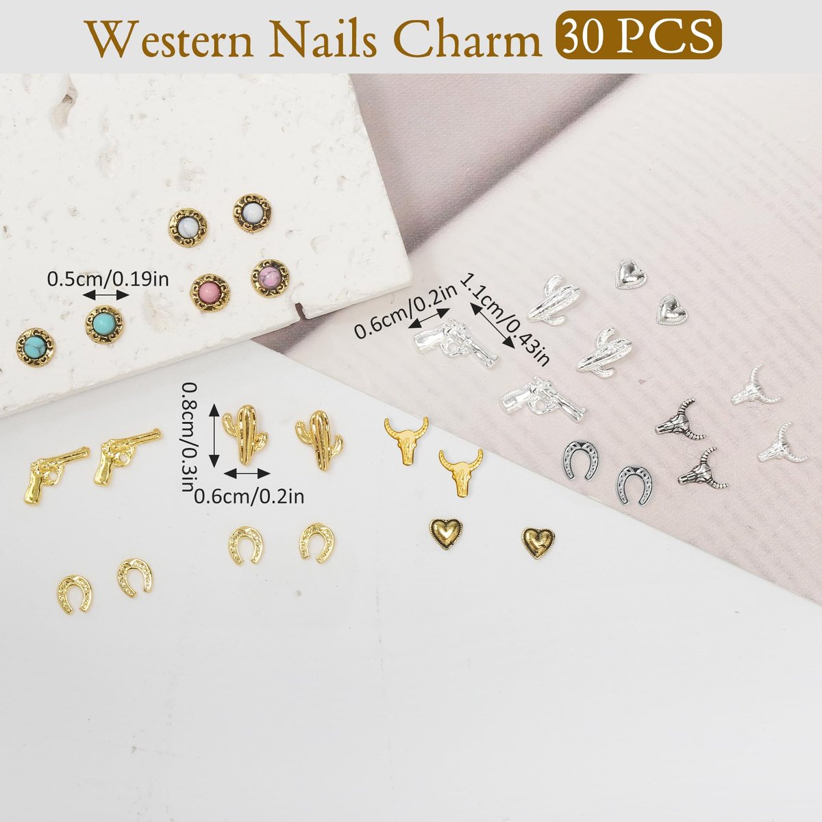 Ohmique 30 PCS Western Nail Charms - 3D Vintage Cowboy Cowgirl Nail Art Decorations, Turquoise, Gold, Silver, Pink, Blue Retro Metal Gem Western Stickers for DIY Nail Design Avelisse