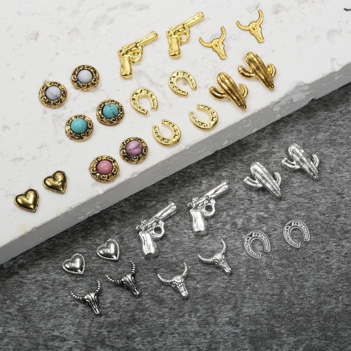 Ohmique 30 PCS Western Nail Charms - 3D Vintage Cowboy Cowgirl Nail Art Decorations, Turquoise, Gold, Silver, Pink, Blue Retro Metal Gem Western Stickers for DIY Nail Design Avelisse