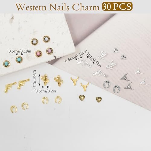 Ohmique 30 PCS Western Nail Charms - 3D Vintage Cowboy Cowgirl Nail Art Decorations, Turquoise, Gold, Silver, Pink, Blue Retro Metal Gem Western Stickers for DIY Nail Design Avelisse