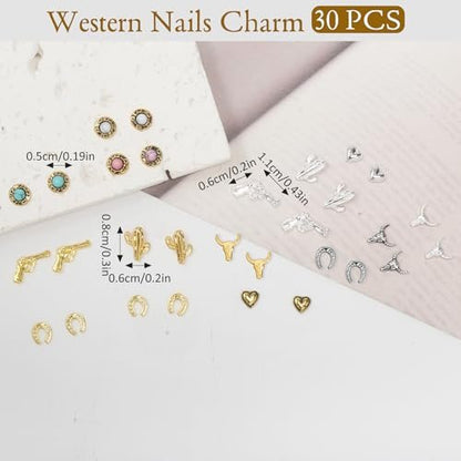 Ohmique 30 PCS Western Nail Charms - 3D Vintage Cowboy Cowgirl Nail Art Decorations, Turquoise, Gold, Silver, Pink, Blue Retro Metal Gem Western Stickers for DIY Nail Design Avelisse