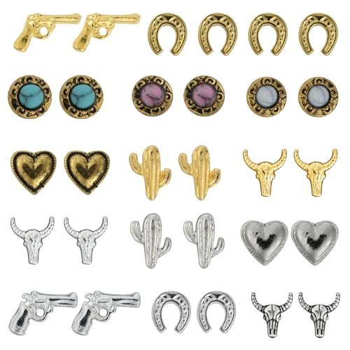 Ohmique 30 PCS Western Nail Charms - 3D Vintage Cowboy Cowgirl Nail Art Decorations, Turquoise, Gold, Silver, Pink, Blue Retro Metal Gem Western Stickers for DIY Nail Design Avelisse