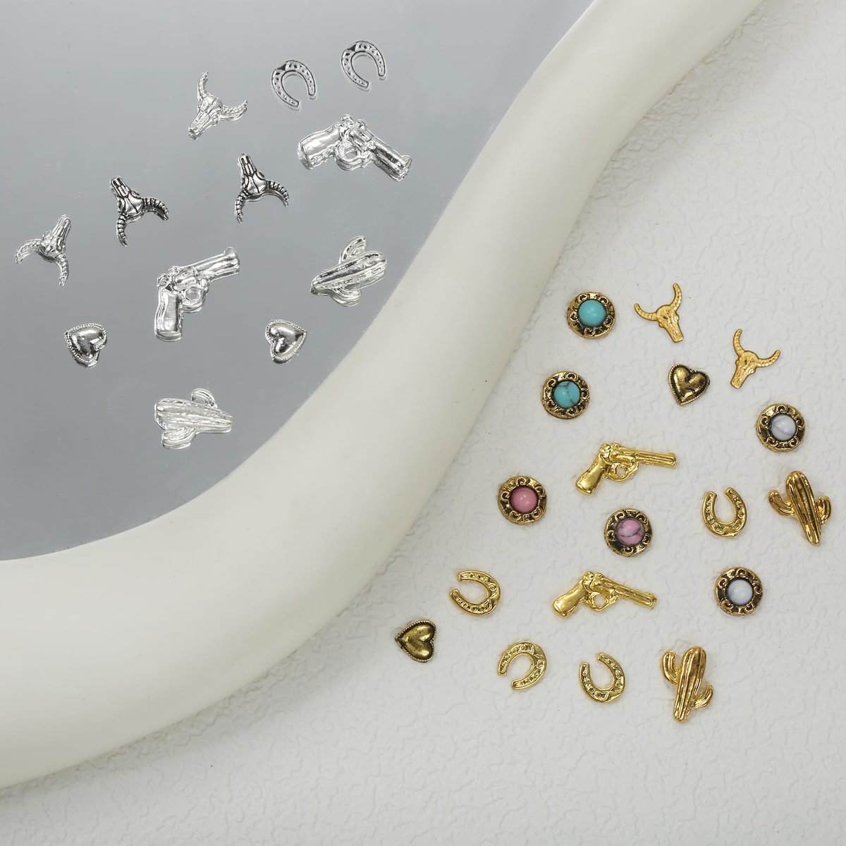 Ohmique 30 PCS Western Nail Charms - 3D Vintage Cowboy Cowgirl Nail Art Decorations, Turquoise, Gold, Silver, Pink, Blue Retro Metal Gem Western Stickers for DIY Nail Design Avelisse