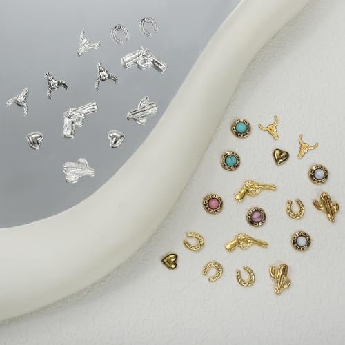 Ohmique 30 PCS Western Nail Charms - 3D Vintage Cowboy Cowgirl Nail Art Decorations, Turquoise, Gold, Silver, Pink, Blue Retro Metal Gem Western Stickers for DIY Nail Design Avelisse