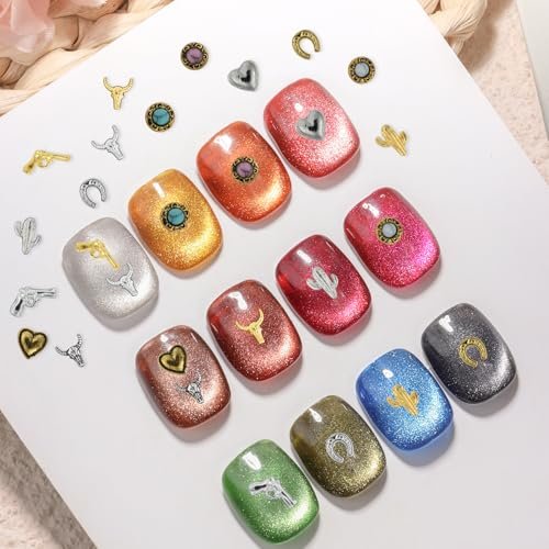 Ohmique 30 PCS Western Nail Charms - 3D Vintage Cowboy Cowgirl Nail Art Decorations, Turquoise, Gold, Silver, Pink, Blue Retro Metal Gem Western Stickers for DIY Nail Design Avelisse