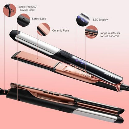 SOKANY Flat Iron Hair Straightener Titanium Curler 2 in 1, Dual Voltage Smart 3D Ceramic Floating Plates Ionic Straightener 8 Temps Settings Fast Heating & Heat Protection Black 1 Inch Avelisse
