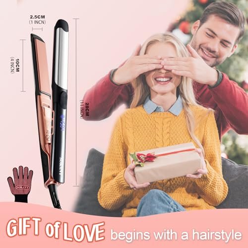 SOKANY Flat Iron Hair Straightener Titanium Curler 2 in 1, Dual Voltage Smart 3D Ceramic Floating Plates Ionic Straightener 8 Temps Settings Fast Heating & Heat Protection Black 1 Inch Avelisse