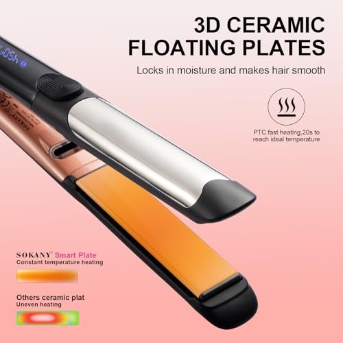 SOKANY Flat Iron Hair Straightener Titanium Curler 2 in 1, Dual Voltage Smart 3D Ceramic Floating Plates Ionic Straightener 8 Temps Settings Fast Heating & Heat Protection Black 1 Inch Avelisse