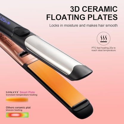 SOKANY Flat Iron Hair Straightener Titanium Curler 2 in 1, Dual Voltage Smart 3D Ceramic Floating Plates Ionic Straightener 8 Temps Settings Fast Heating & Heat Protection Black 1 Inch Avelisse