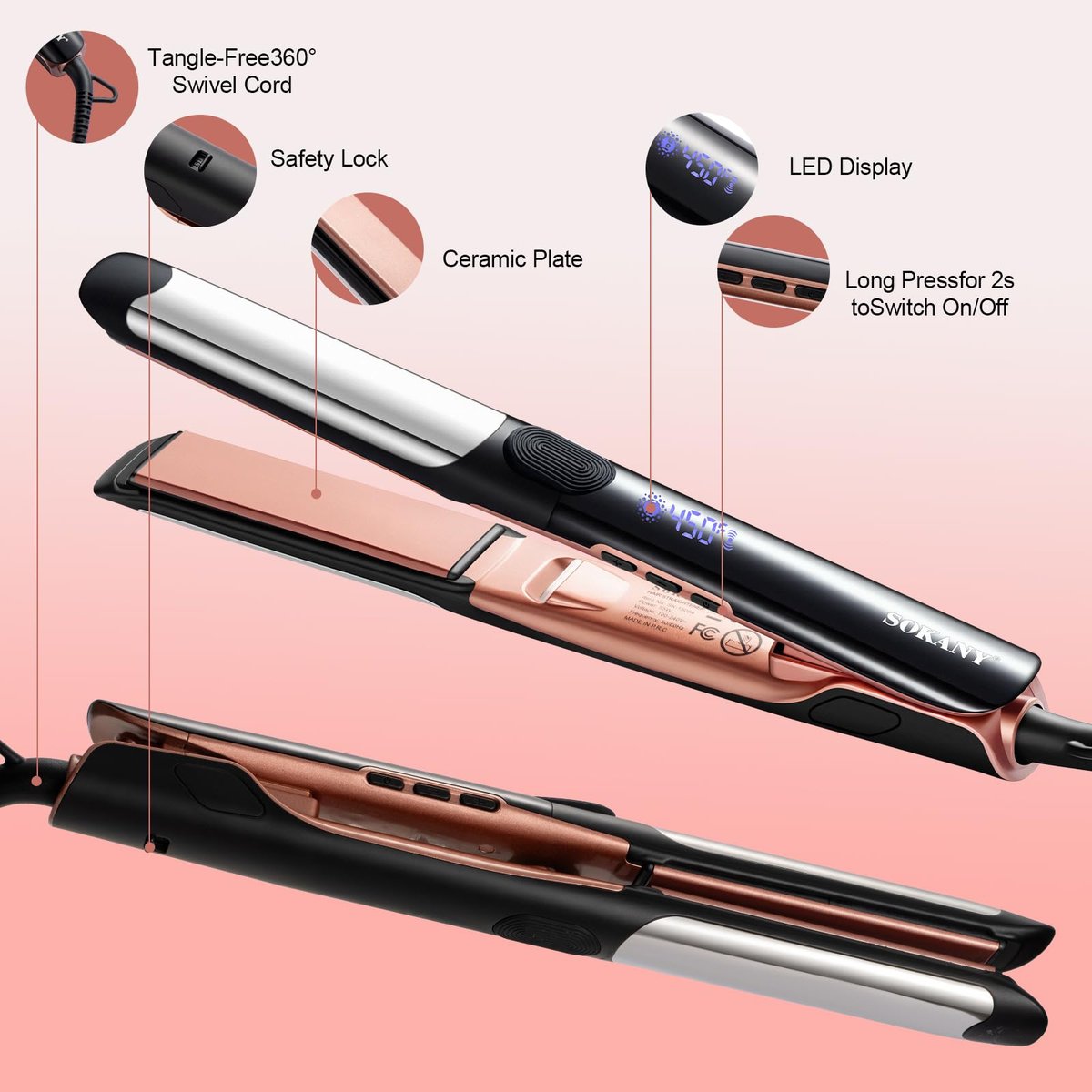 SOKANY Flat Iron Hair Straightener Titanium Curler 2 in 1, Dual Voltage Smart 3D Ceramic Floating Plates Ionic Straightener 8 Temps Settings Fast Heating & Heat Protection Black 1 Inch Avelisse