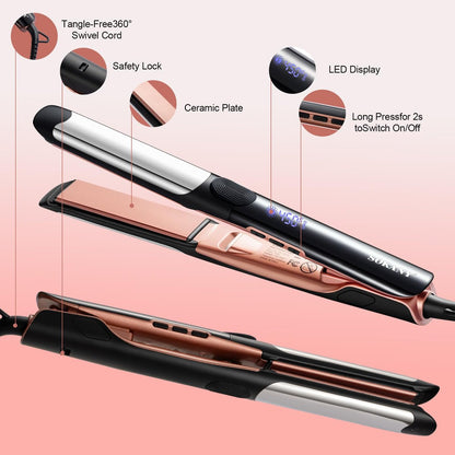 SOKANY Flat Iron Hair Straightener Titanium Curler 2 in 1, Dual Voltage Smart 3D Ceramic Floating Plates Ionic Straightener 8 Temps Settings Fast Heating & Heat Protection Black 1 Inch Avelisse