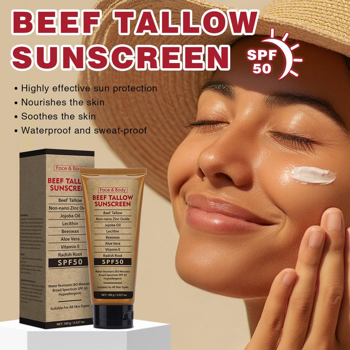 Beef Tallow Sunscreen SPF 50 with Zinc Oxide – Non-Toxic, Reef-Safe Mineral Sunblock for Body & Face, Non-Greasy, 3.5 oz Avelisse